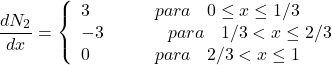 \begin{equation*} \frac{dN_{2}}{dx}= \left\{ \begin{array}{ll} 3 \hspace{40} para \hspace{10} 0\leq x\leq 1/3\\ -3 \hspace{40} para \hspace{10} 1/3<x\leq 2/3 \\ 0 \hspace{40} para \hspace{10} 2/3<x\leq 1 \end{array}\right \end{equation*}